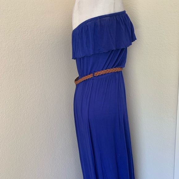 Strapless blue maxi dress with belt - Picture 4 of 8